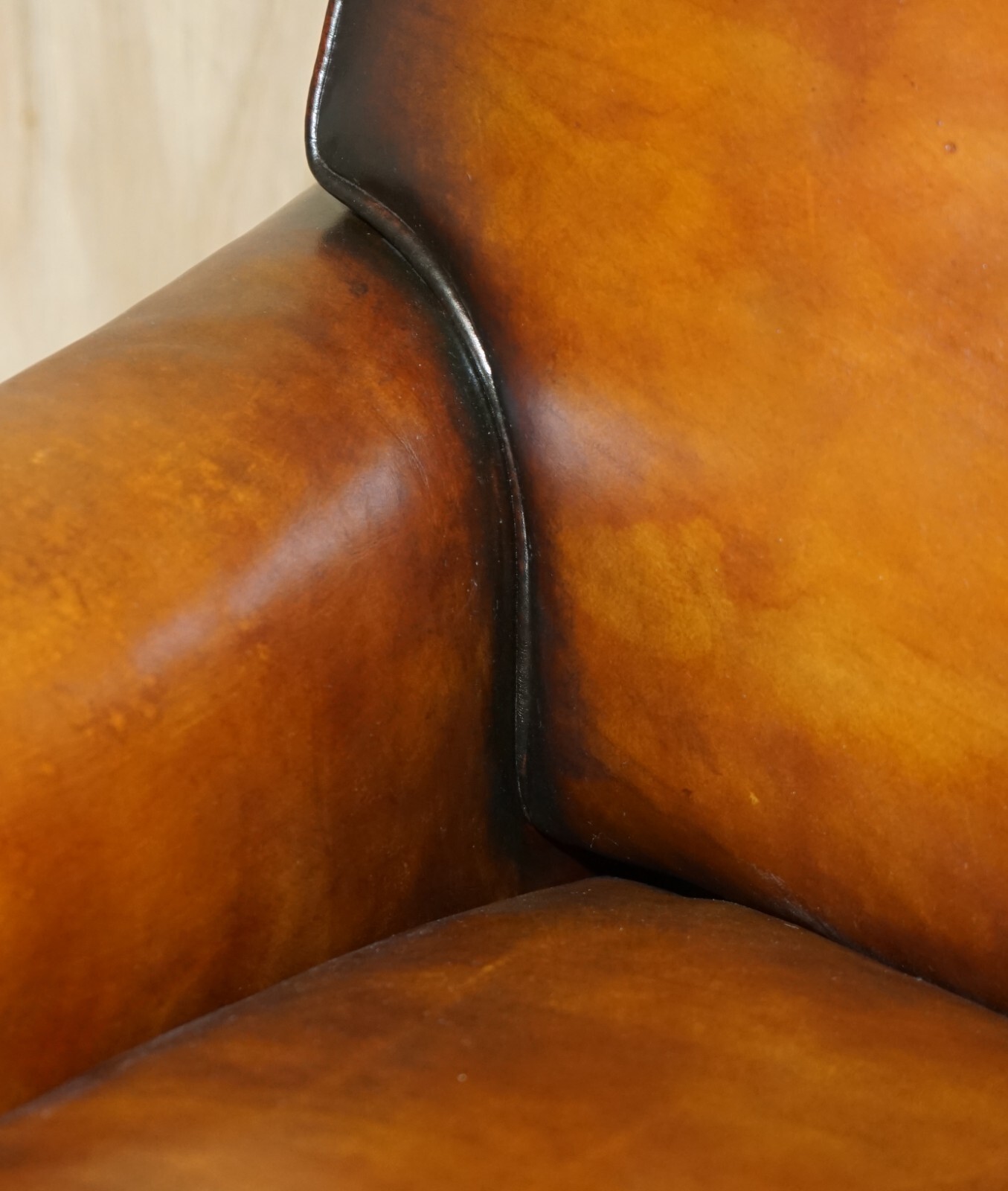 1 OF 2 LARGE GEORGE SMITH HOWARD & SON’S BROWN LEATHER SIGNATURE SCROLL ARM SOFA