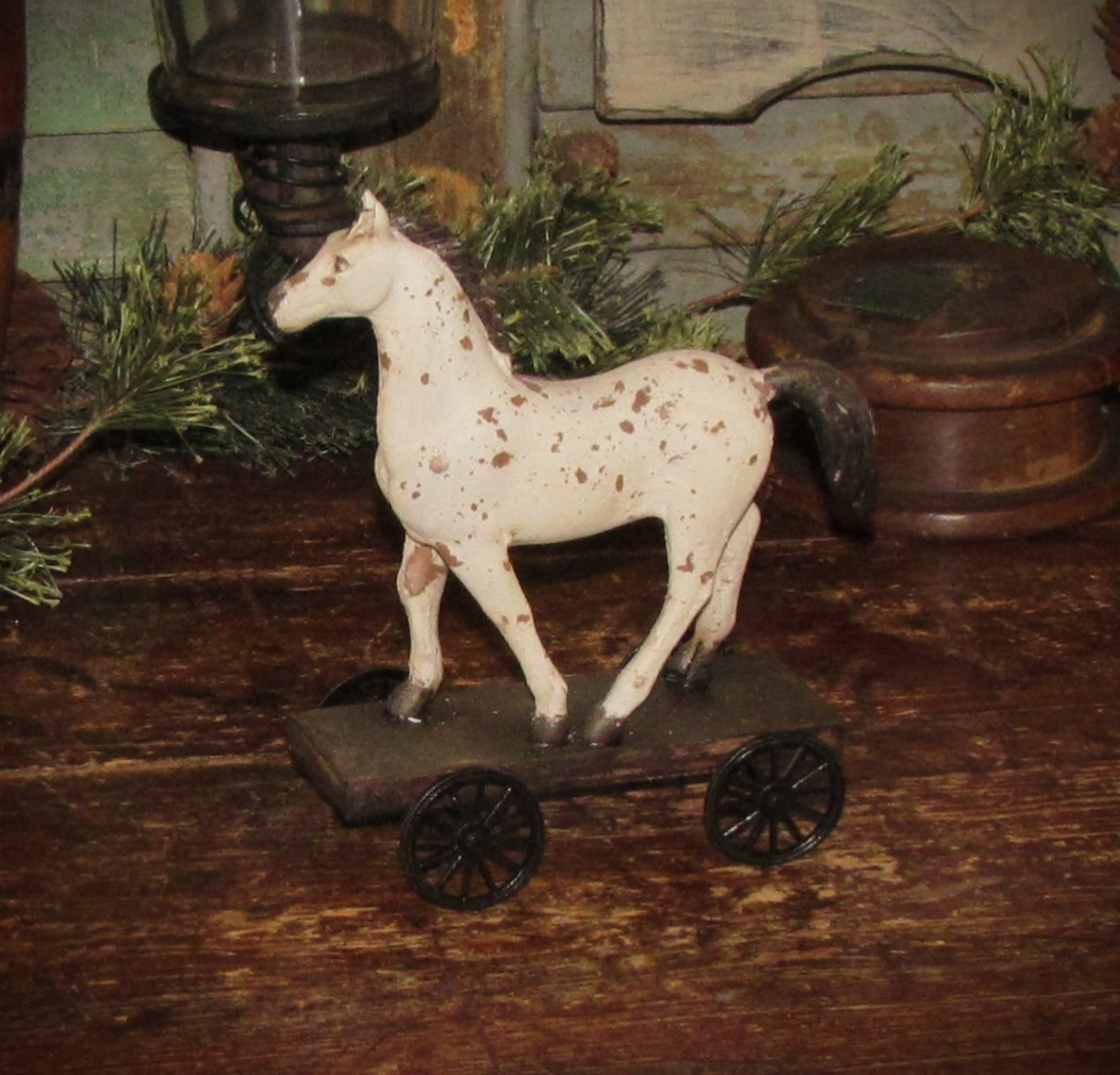 Primitive Resin Farmhouse Country Cottage Horse on Wheels Vtg Style Pony Decor