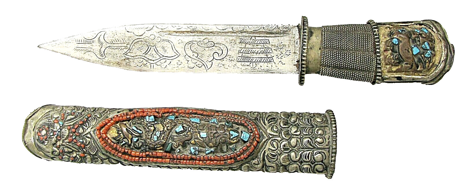 Tibet Antique low grade silver dagger with dragon, marked engraved steel blade.