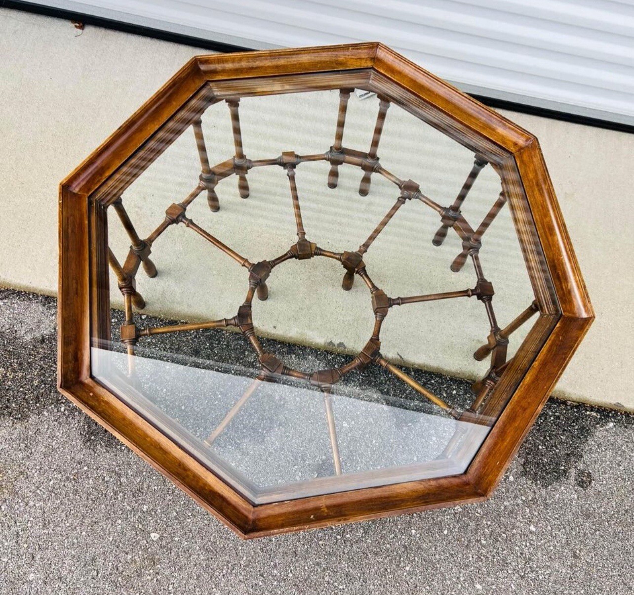 Vintage RARE Octagonal Coffee Table With Sunken Glass Top Dark Wood Spindle Legs
