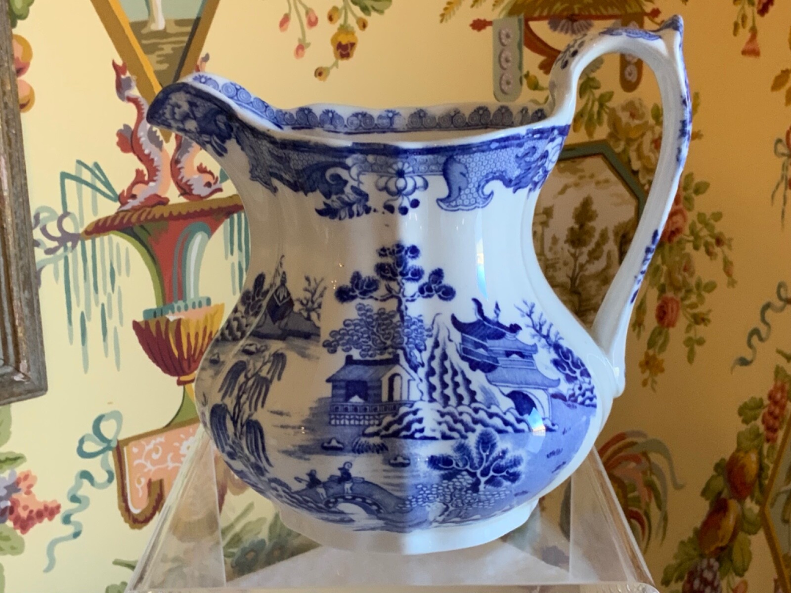 Antique English Masons Blue & White Pottery Pitcher Oriental Design Circa 1850
