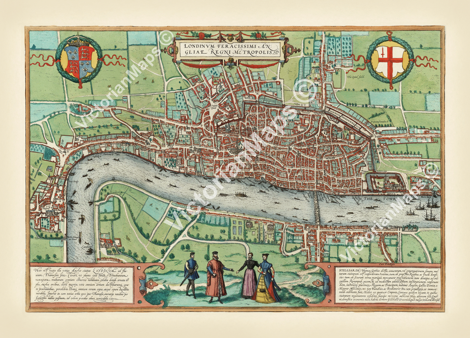 antique Elizabethan Tudor FIRST MAP OF LONDON Braun & Hogenberg 1572 art poster
