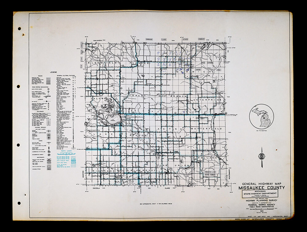 1940 Michigan Highway Map Missaukee County Lake City McBain Falmouth Moorestown