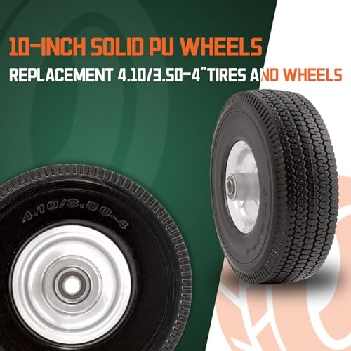 RRQ 10 Inch Solid Polyurethane Tire 4.10/3.50-4 Tire, 10″ Flat Free Wheels