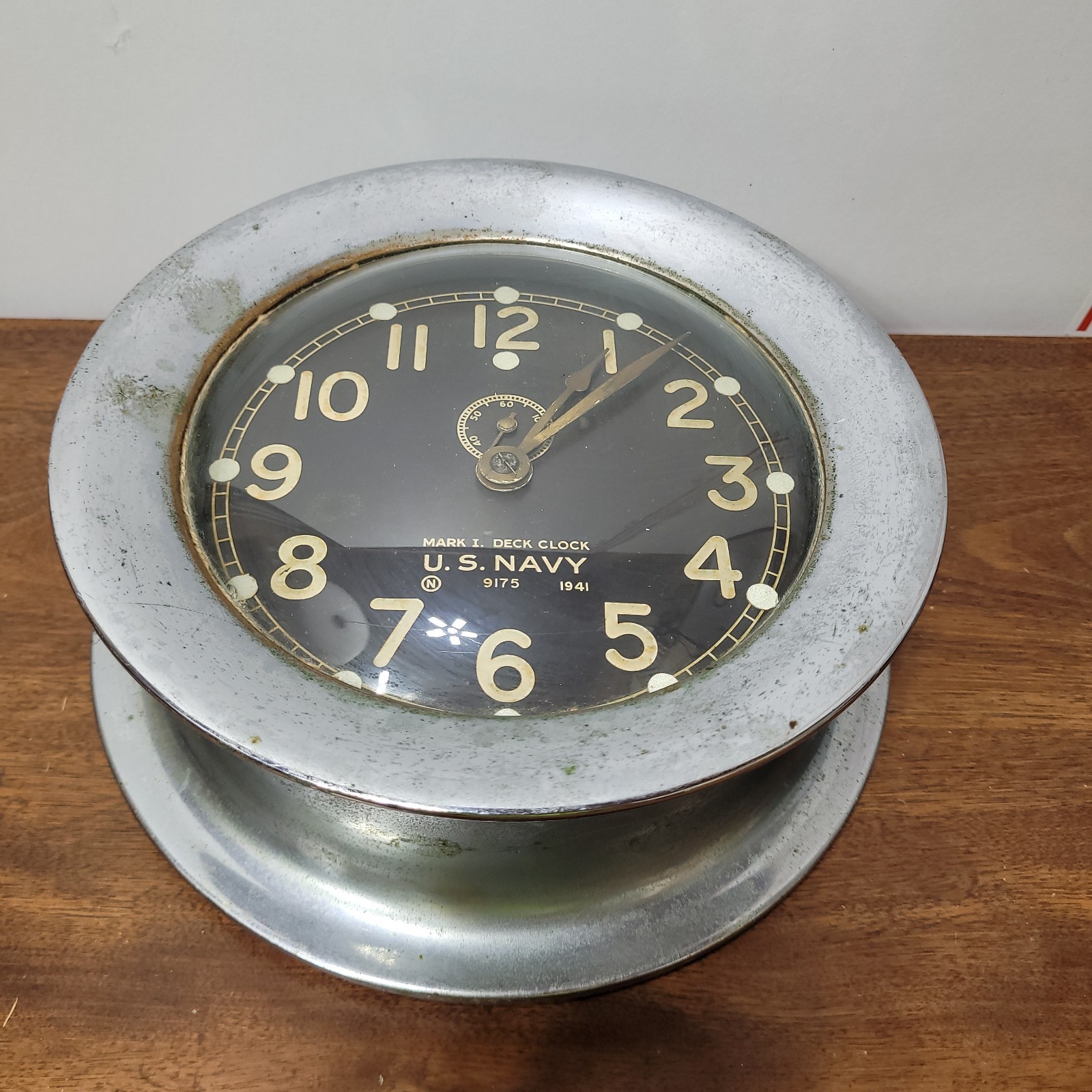 READ! 1941 SETH THOMAS WWII U S NAVY MARK 1 DECK CLOCK RARE CHROME CASE Mcm