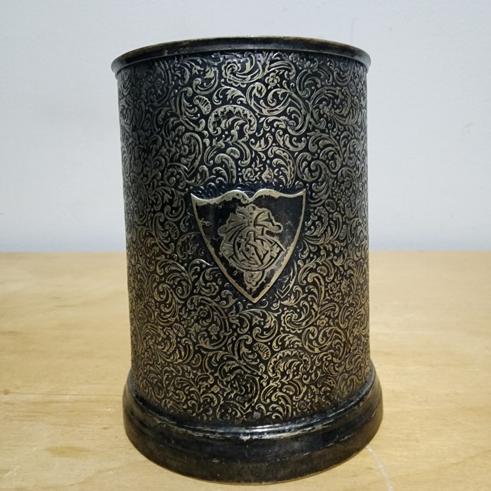 Antique Victorian Silver Plate Tankard Mug Monogrammed Shield Scrollwork A1
