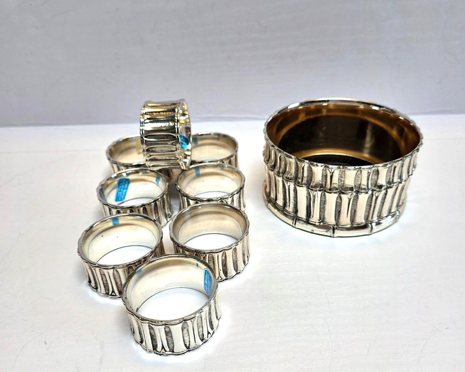 Vintage FB Rogers Silver Co. Napkin Ring Set of 8 w/Matching Wine Bottle Coaster
