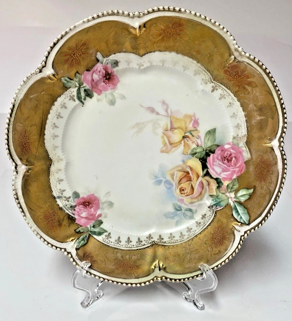 RS Prussia 2 Antique German Rose 8.5″ Plates Ruffled Edge Gold Rim Red Mark