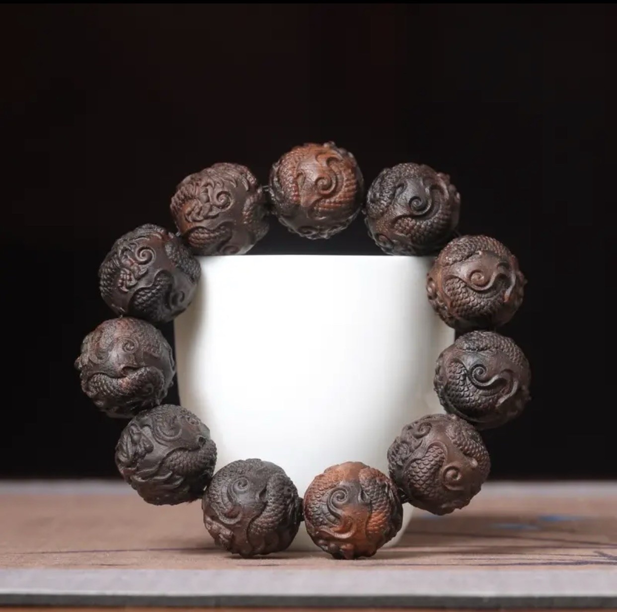 Hand-Carved Vietnamese Agarwood Dragon BeadPrayer Bead With A Box