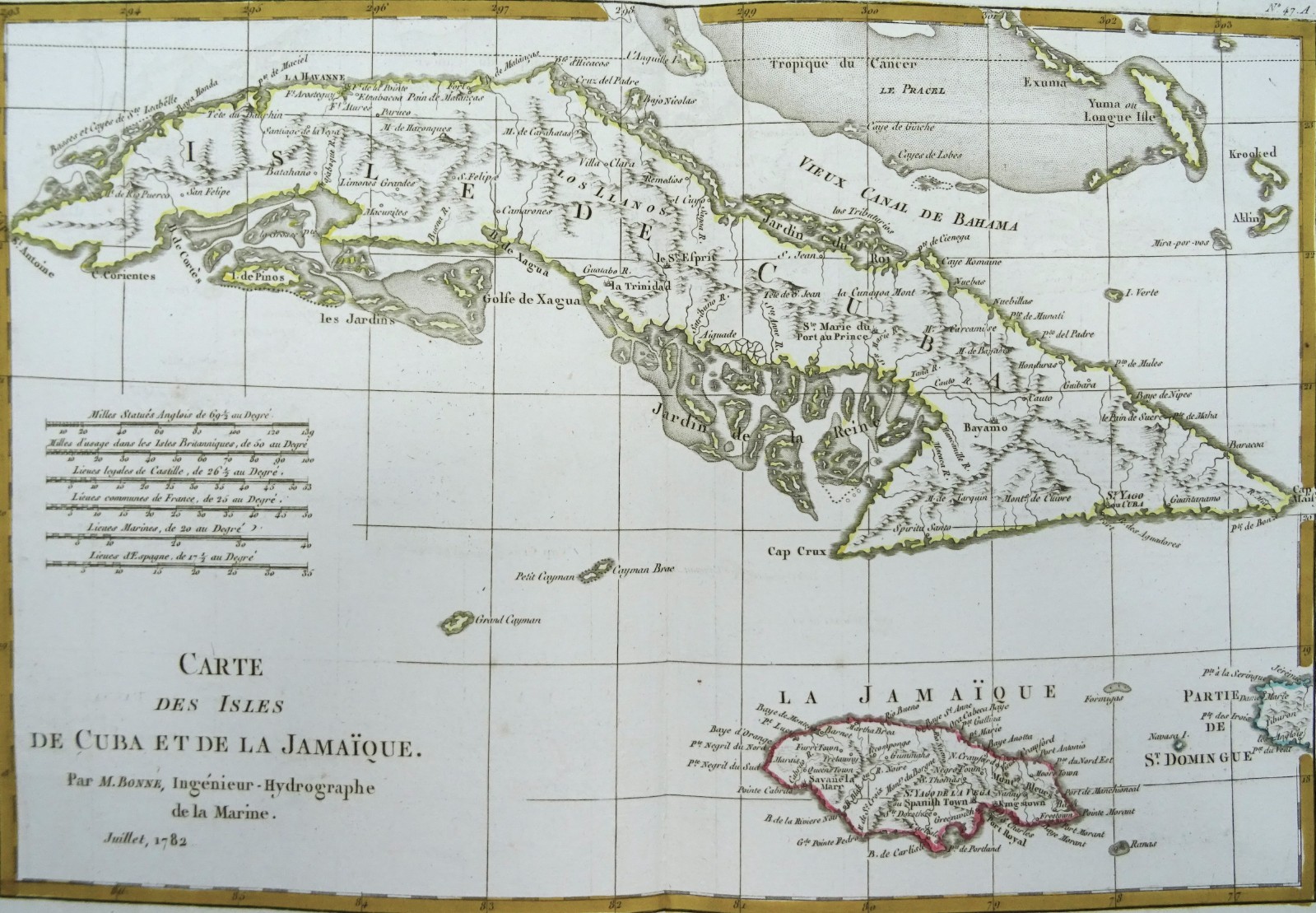 Cuba, Jamaica, map by R. Bonne, 1782, Carte des Isles de Cuba et de la Jamaïque