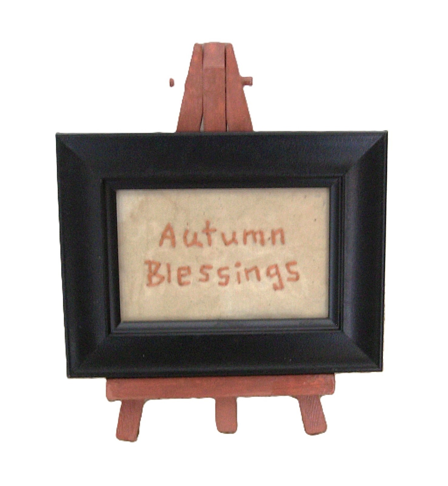 Primitive stitchery “Autumn Blessings” resin frame with glass-wood easel