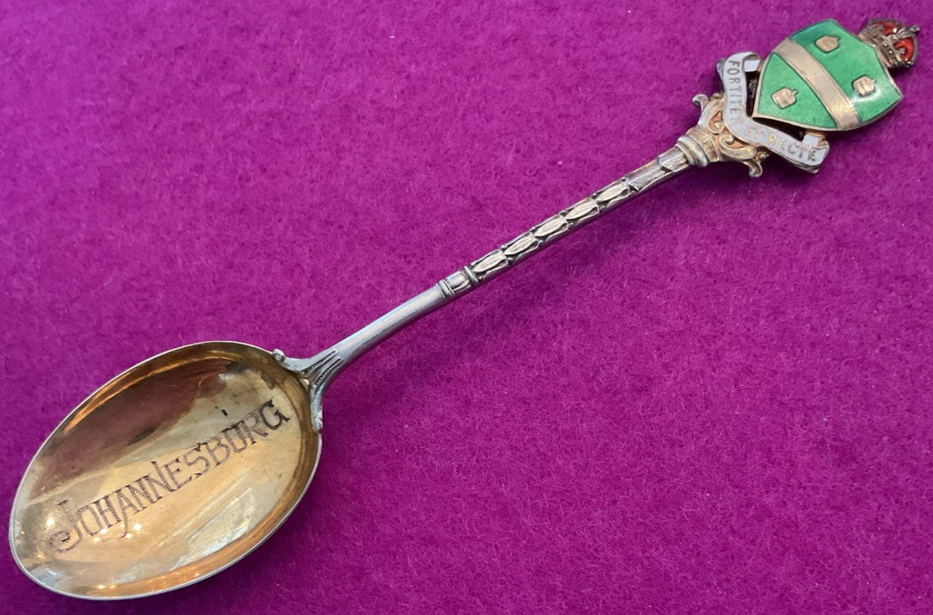 Johannesburg South Africa Enamel Coat of Arms 4.6″ Sterling Souvenir Spoon 12.5g