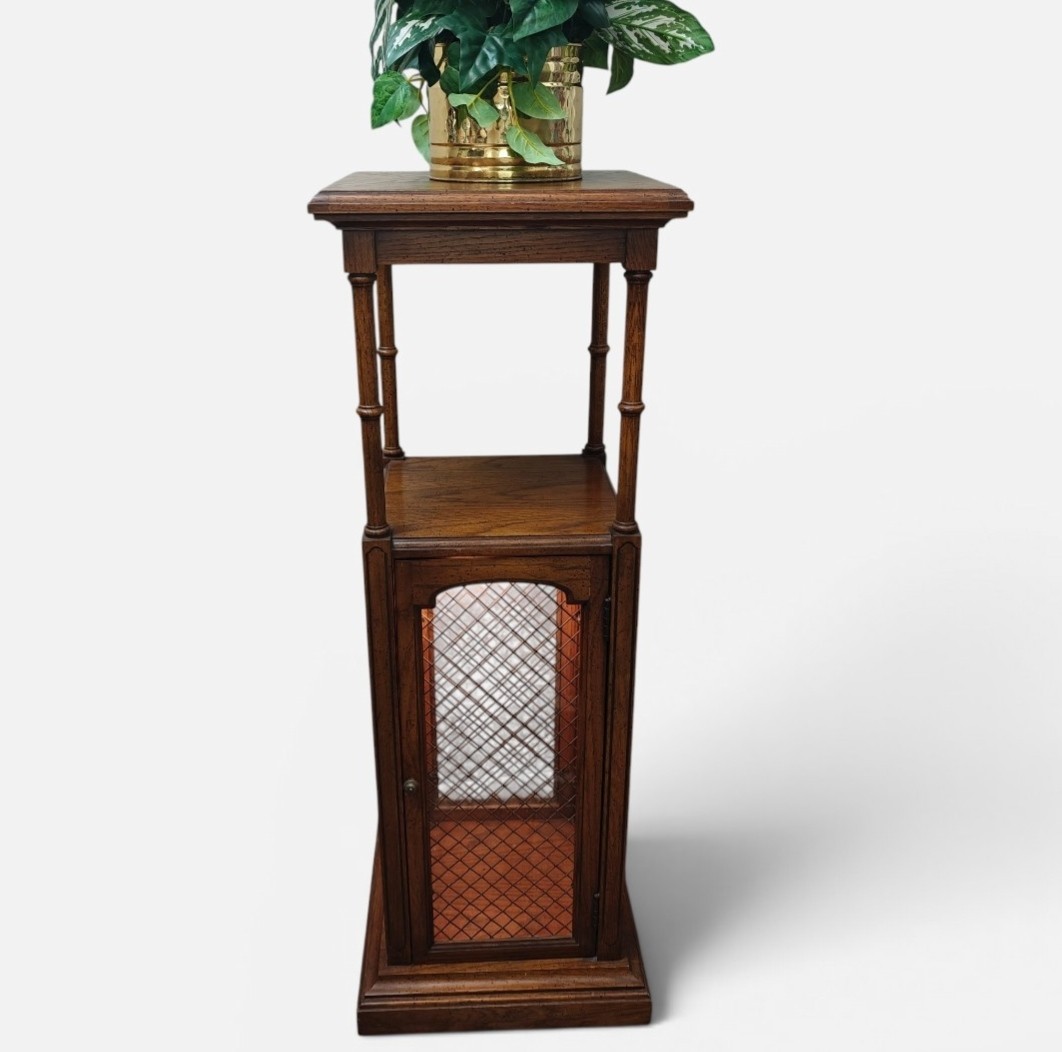 Vintage Oak Plant Stand with Lighted Caged Glass Display Cabinet