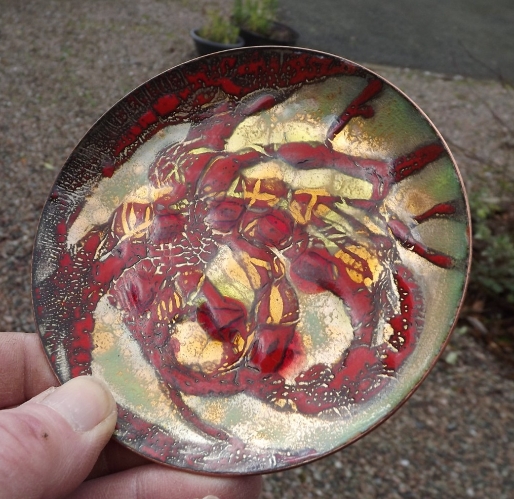 Hand Painted Enamel Dish – Signed Helen Parker Sydney – Red & Gold