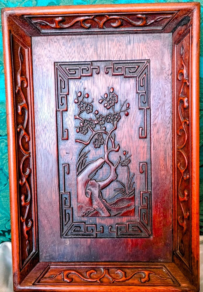 Chinese Antique Rosewood 1900’s Tray-Table Screen Trees Leaves Fruit Carved In