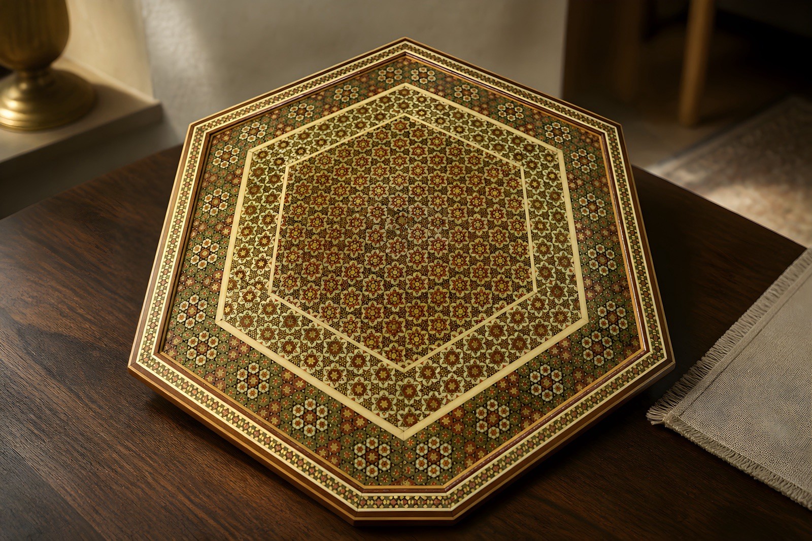 Antique late 19th century Handmade Hexagonal Inlaid wood Khatam box