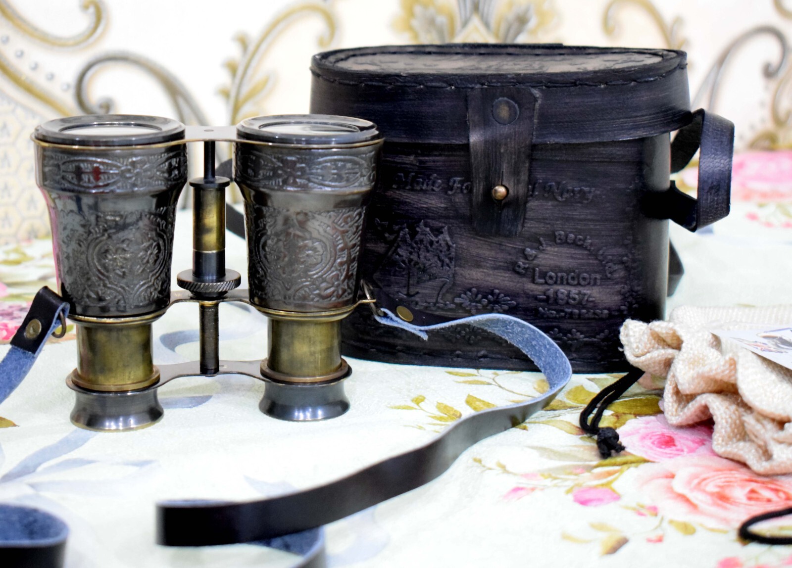 Victorian Handcrafted Brass Binoculars w/Floral Leather Case Glass – London 1857