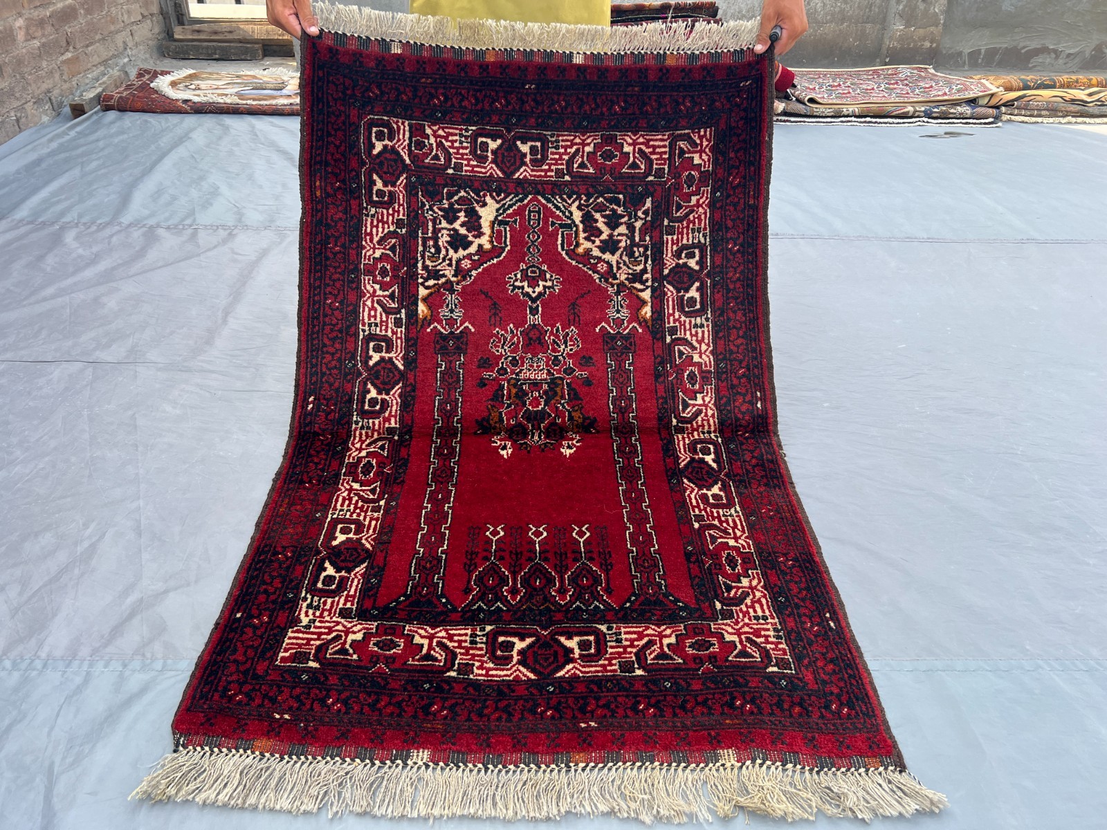 2’9×4’5 ft Vintage Hand Knotted Turkmen Prayer Rug Red Wool Nomadic Area Rug