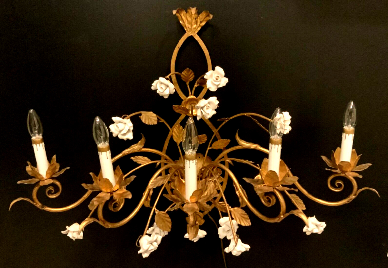 VTG ITALIAN Gold Gilt White PORCELAIN Roses Wall 5 Light SCONCE Stunning Quality