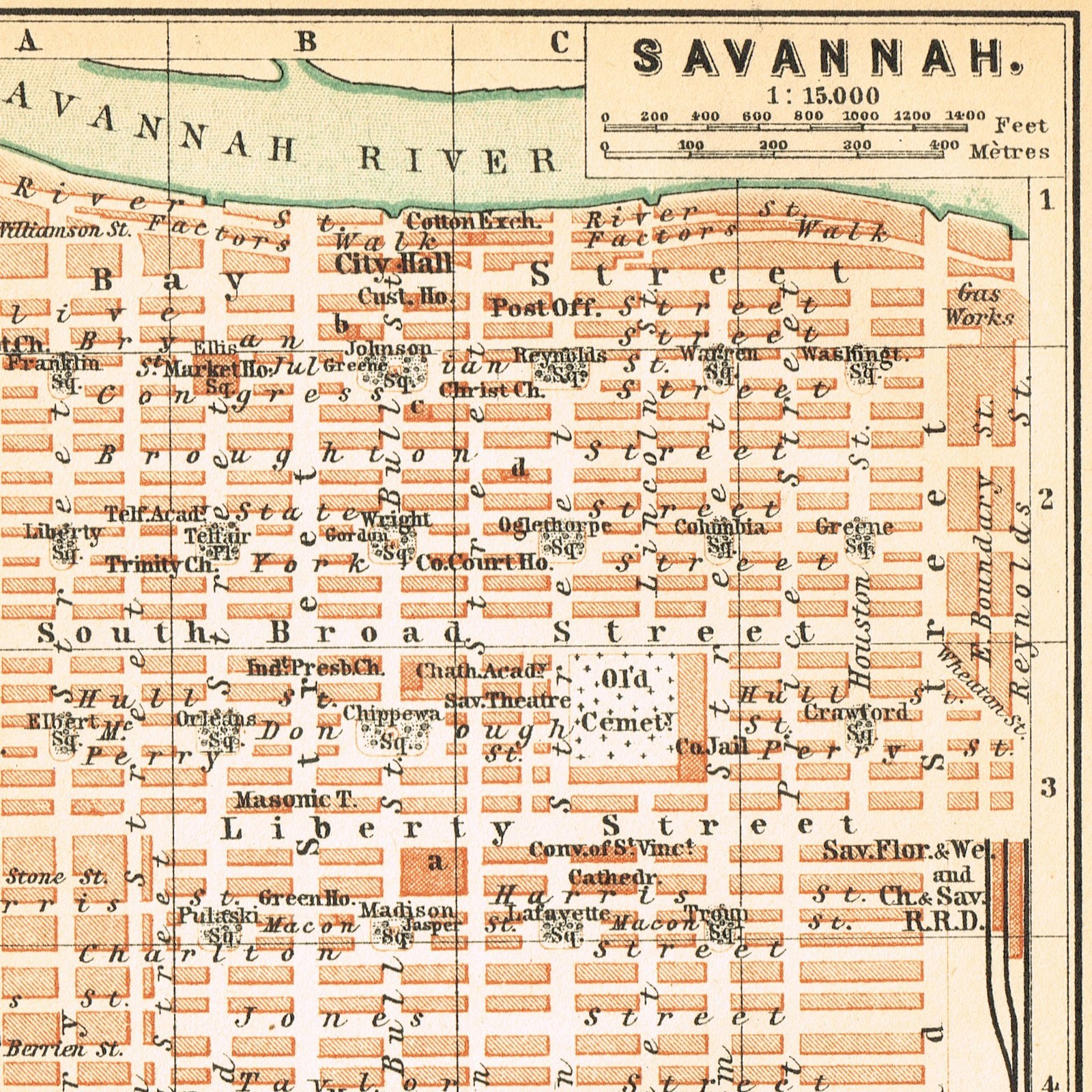 SAVANNAH 1893 Original Map City Plan GEORGIA USA