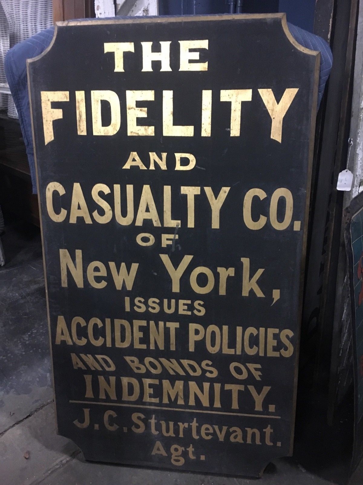MUSEUM quality c1880 fidelty INSURANCE sign NY agent 60″ x 33″ x 2″ black & GOLD