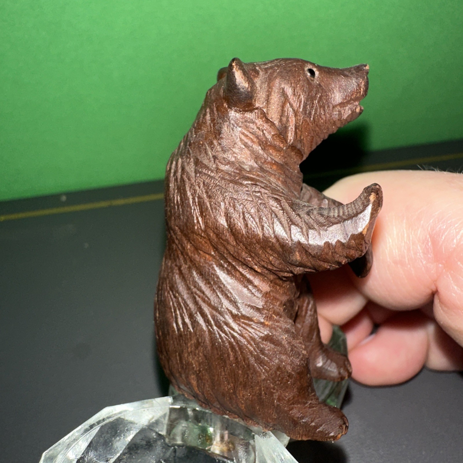 Antique Black Forest Detailed Carved Wood Bear Bead Eyes Salt Cellar