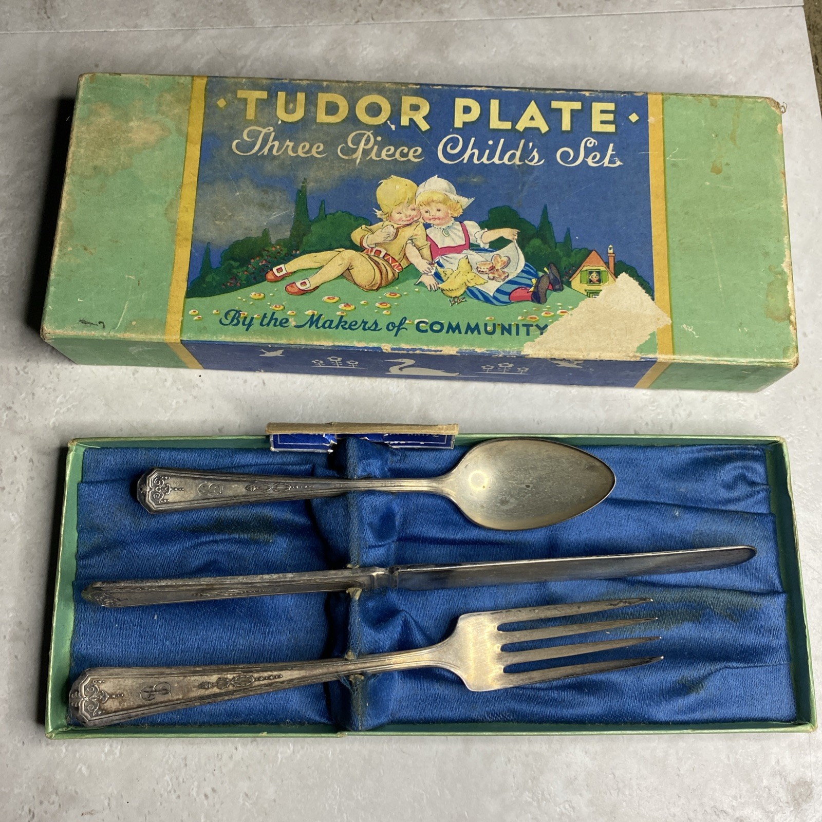Vtg Oneida Community Tudor Silver Plates Child’s Spoon Knife Fork Set Monogramed