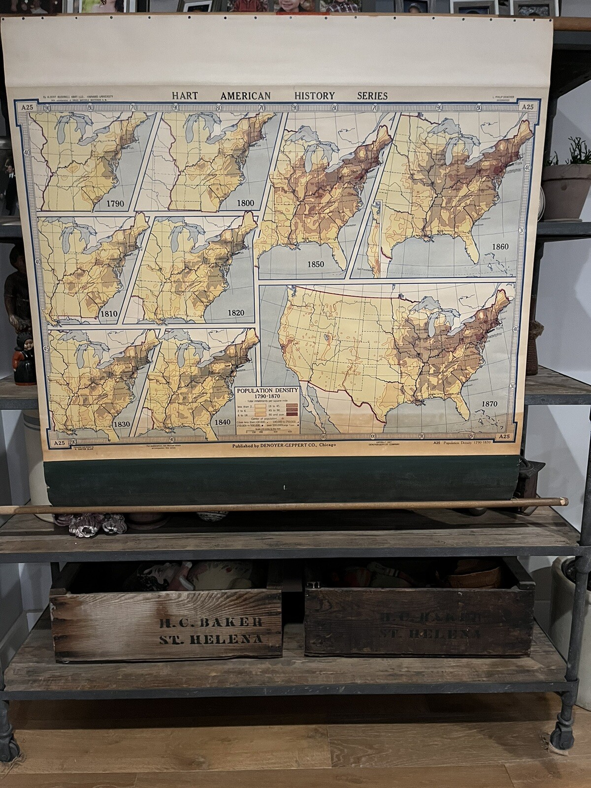 Antique (1927) DENOYER-GEPPERT CO. Map “Population Density 1790-1870” ~43”x43”