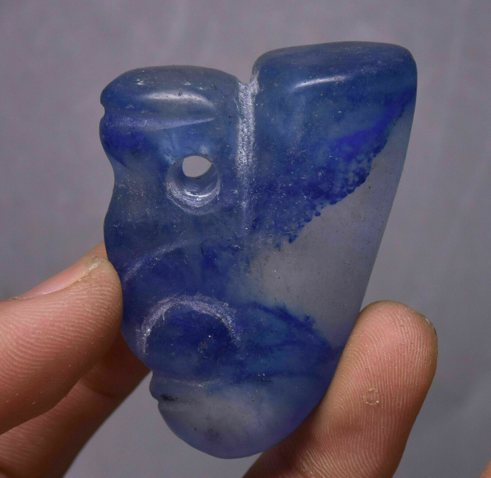 5CM Old China Hongshan Calture Blue Crystal Carving Yu Pig Dregon Hook Pendant