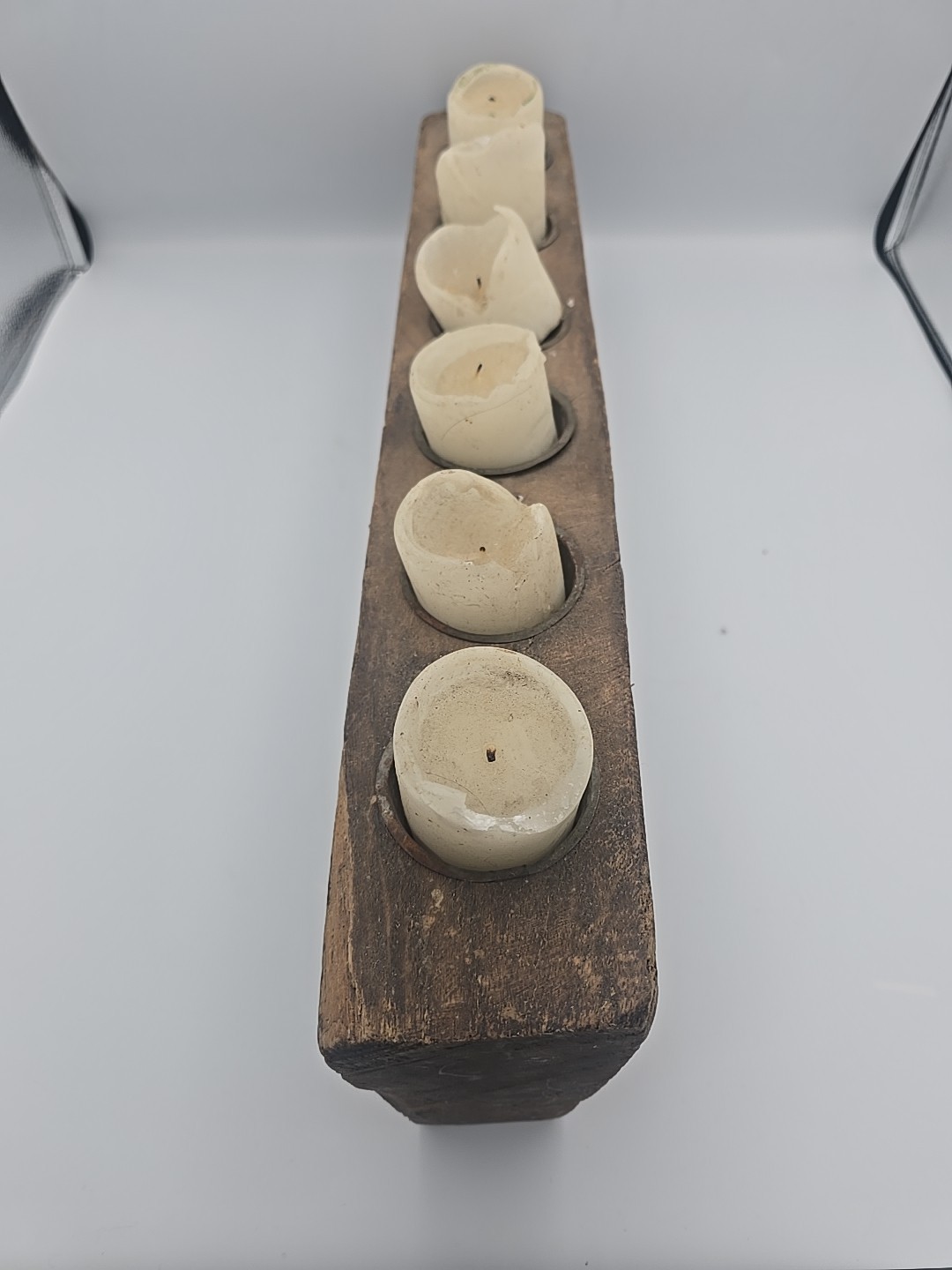 Wooden 21″ x 3.5″ Sugar Mold 6 Hole Wood Candle Holder Primitive Mexico