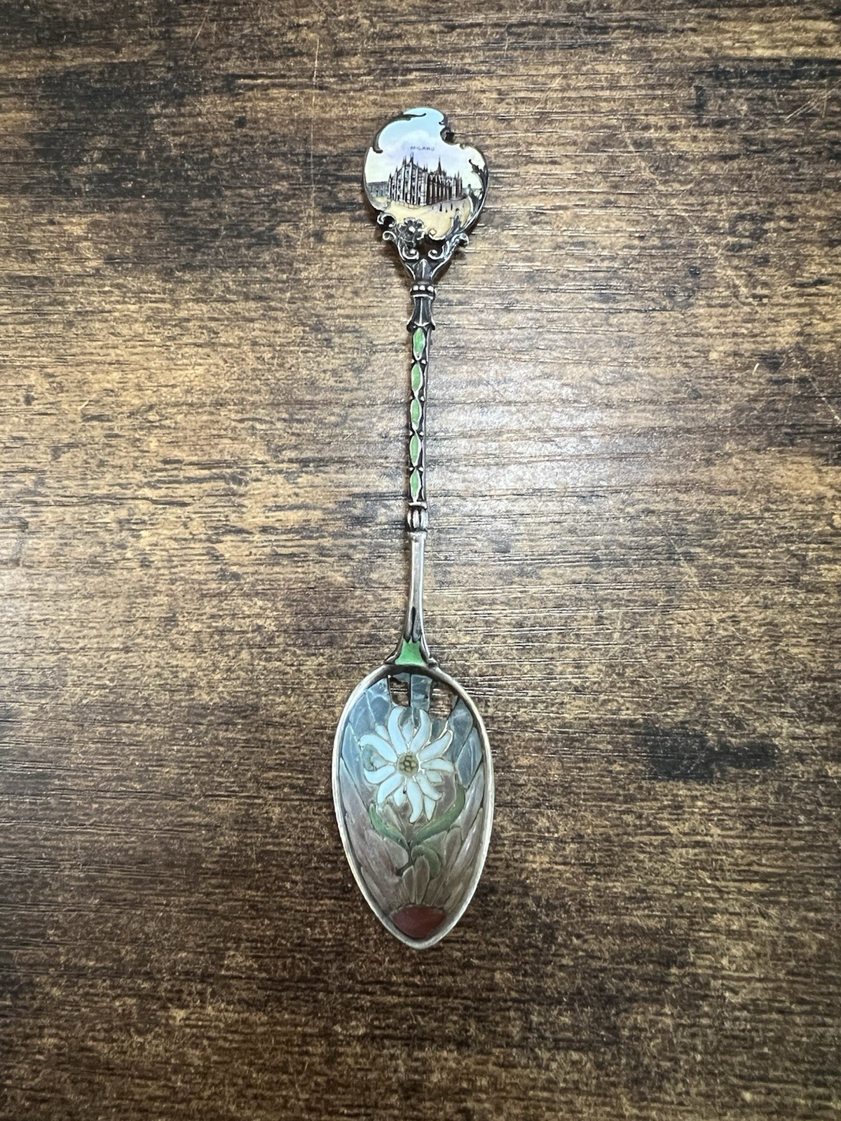 Vintage 900 Silver Milano Duomo Souvenir Spoon Floral Glass Insert 5”
