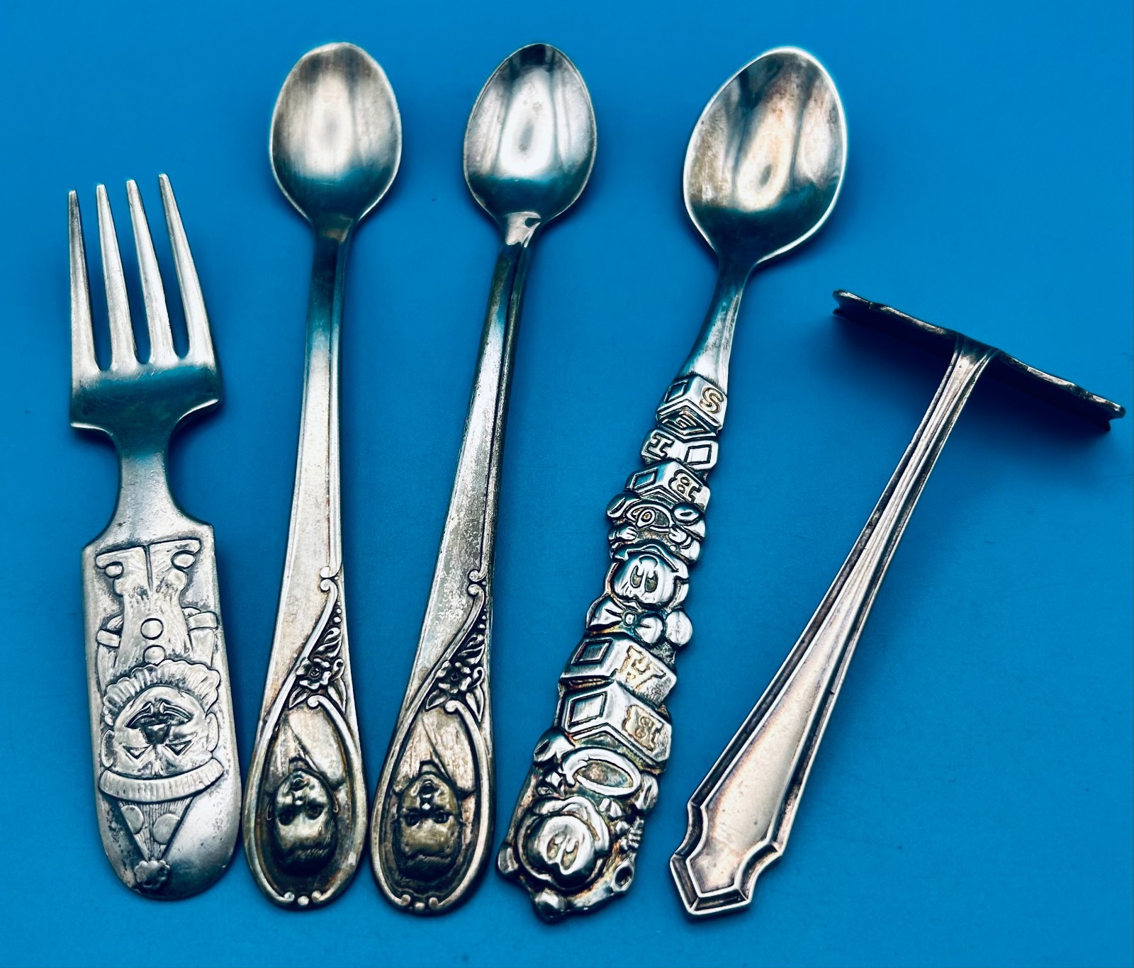 5 PC SILVERPLATE Baby Infant Feeding Spoons Fork Food Pusher