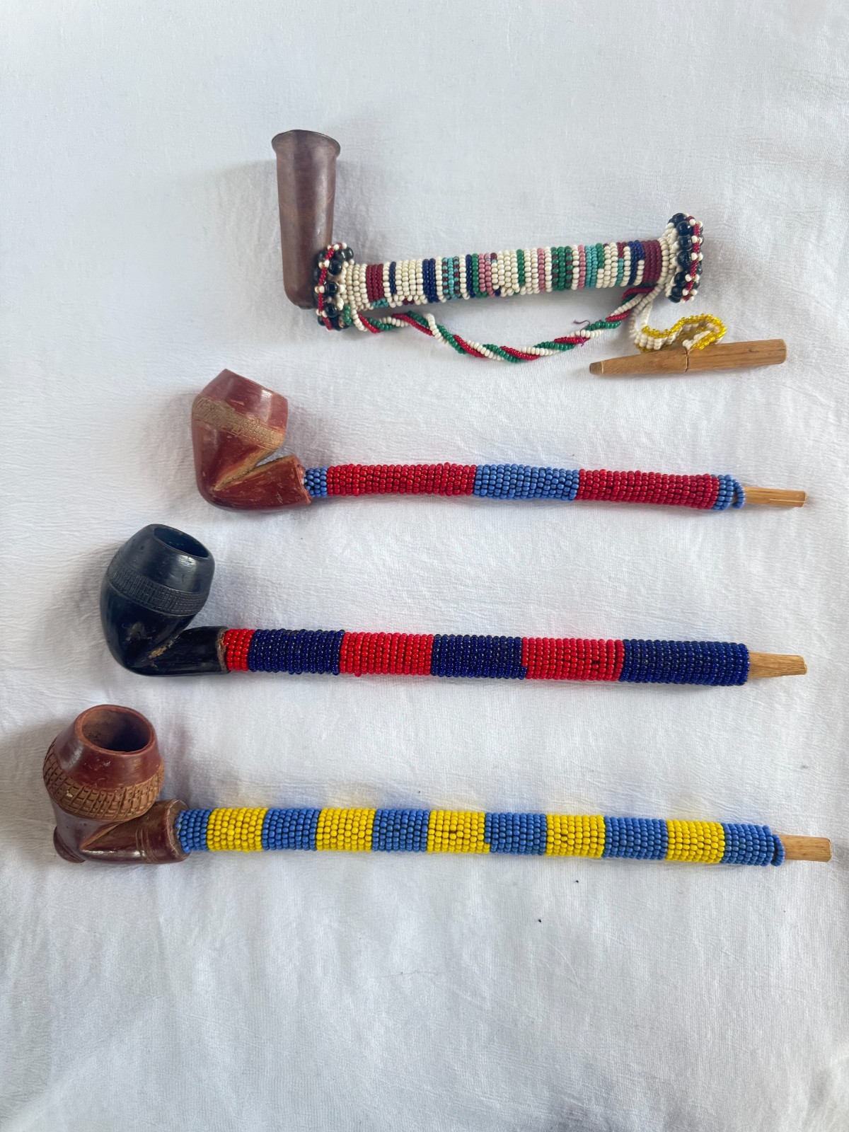 Lot of 4 Vintage Beaded African Smoking Pipes – Xhosa / Zulu Style – Handcrafted