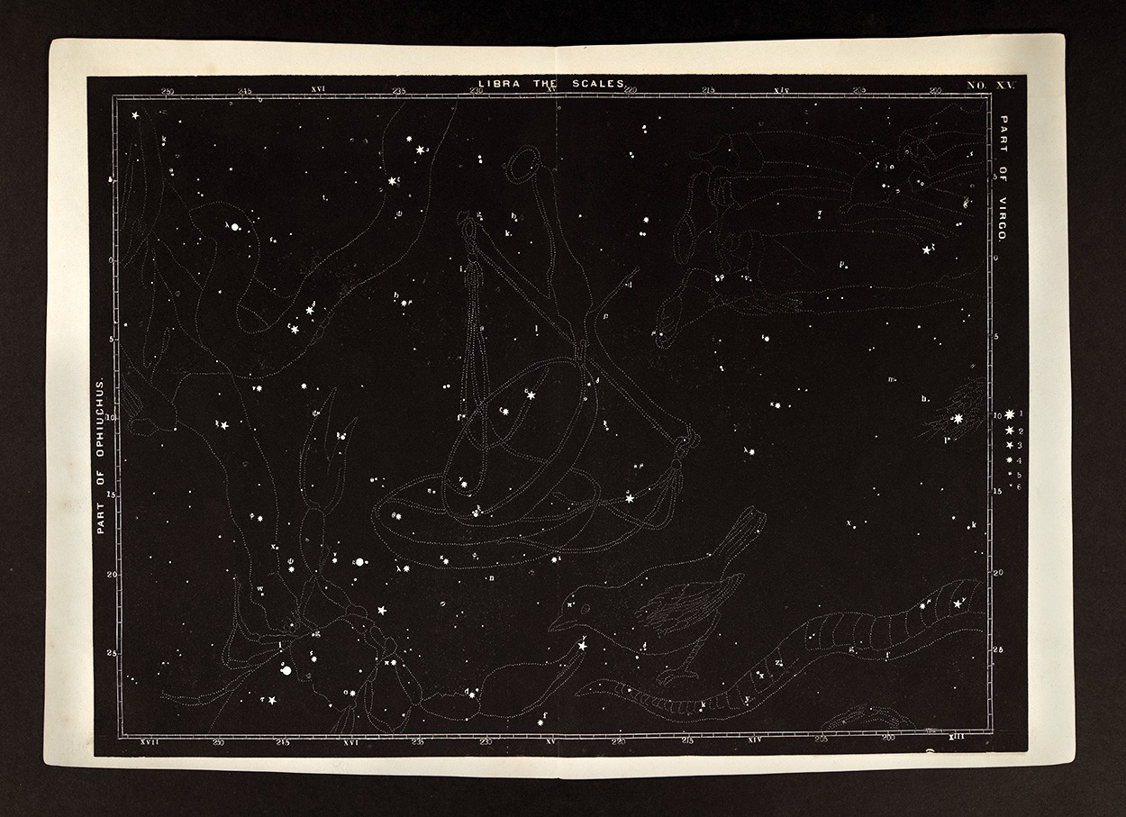1848 Mitchel Astronomy Star Chart Map XV South Sky 225° Libra Ophiuchus Virgo