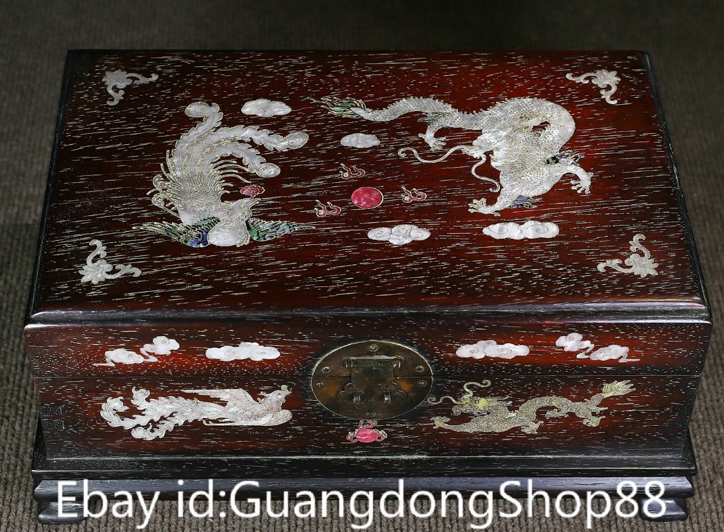 14″ Old China Huanghuali Wood Shell Carving Palace Dragon Phoenix Jewelry Box