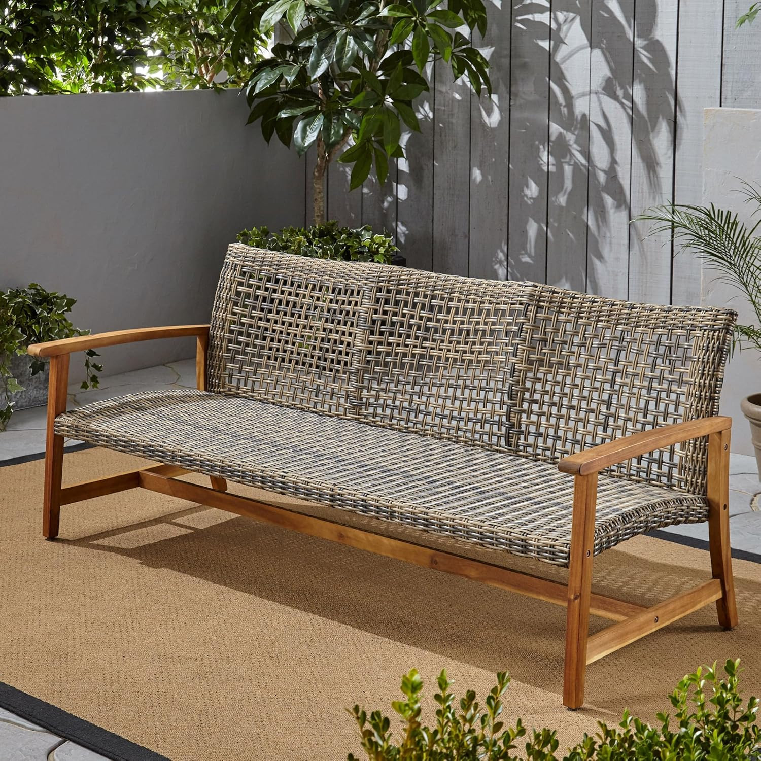 Marcia Outdoor Wood Sofa, Wicker, 75.50 X 31.00 X 31.50, Gray, Natural Stained F