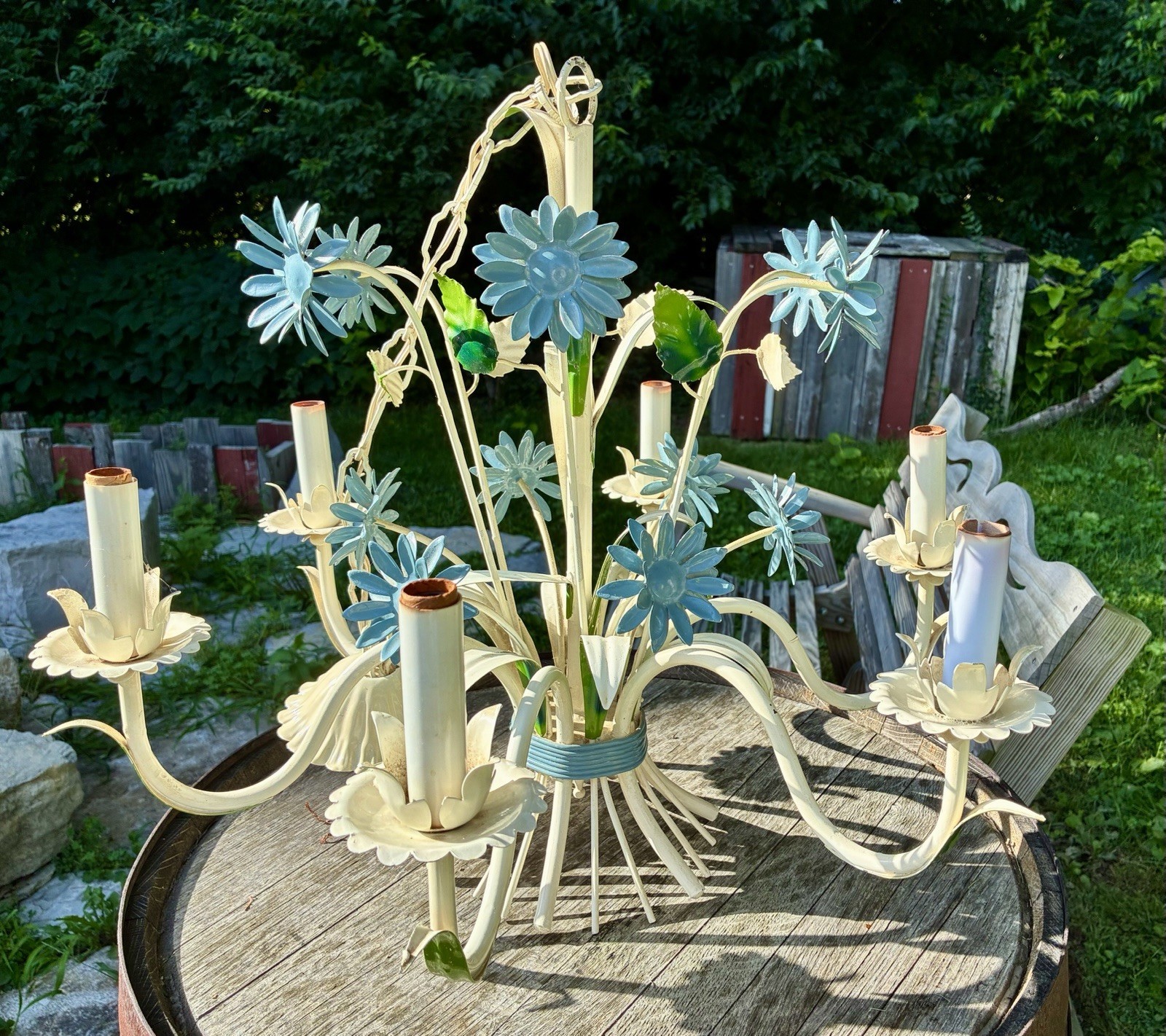 Vintage MCM Shabby Chic Italian Tole Metal 6 Light Chandelier Cream Blue Flowers