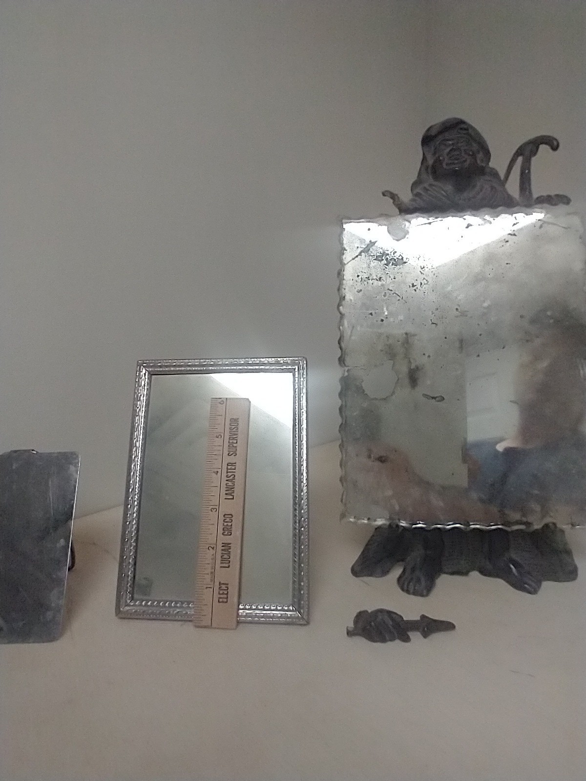 Antique CAST JEANNIE Scalloped Edge Etched STANDING MIRROR 1920s Art Deco +2