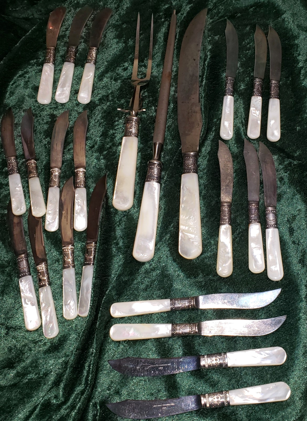 ATQ 1855 Meriden Cutlery Carving Set Fruit Knives Sterling Bands & MOP Handles