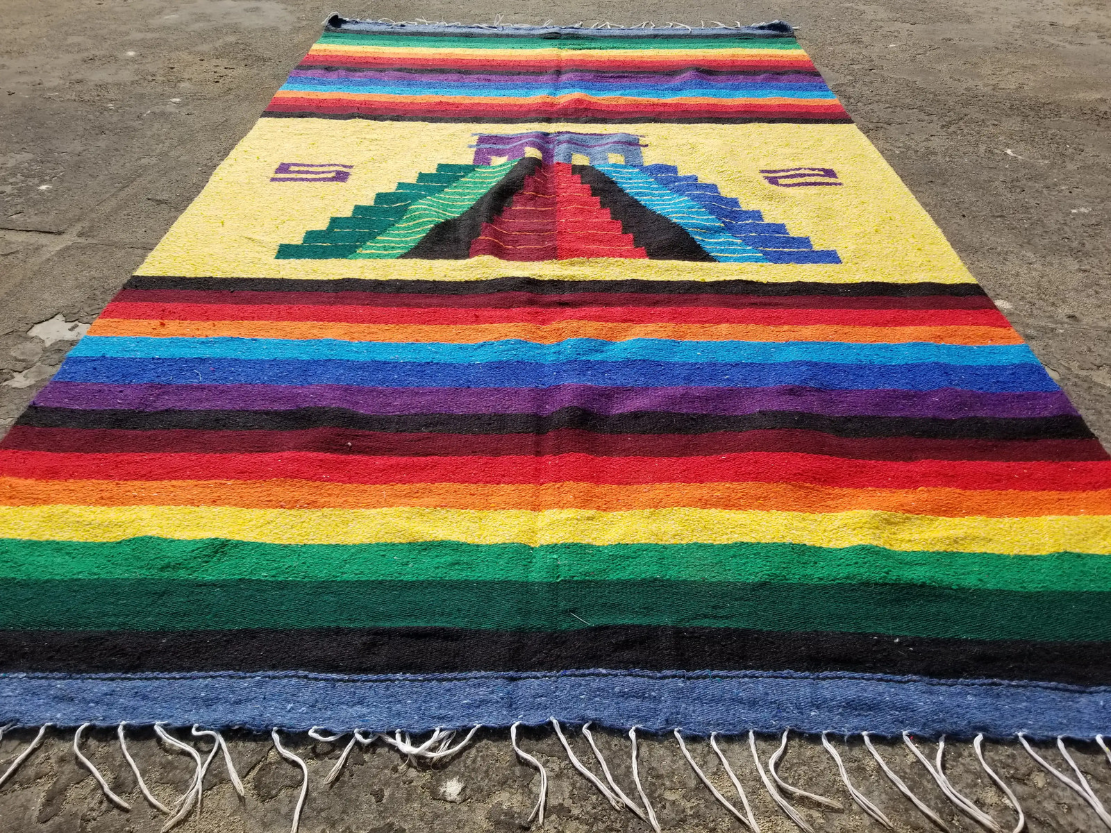 Vintage Handmade Mexican Serape Wool Multicolor Kilim Blanket 6.7×3.9 ft