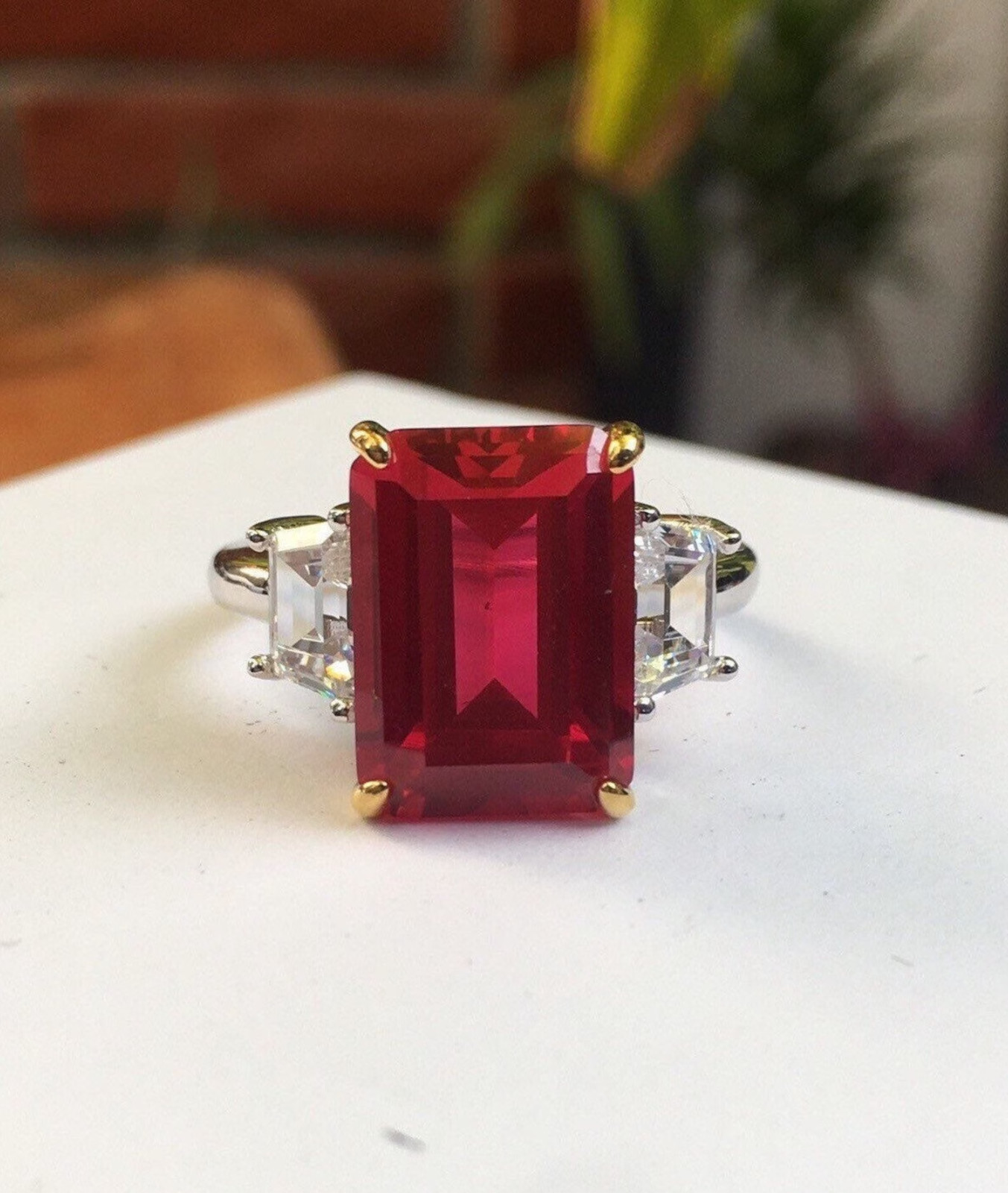 6.00 Ct Emerald Cut Natural Ruby And Diamond Ring 14K White Gold Size 7