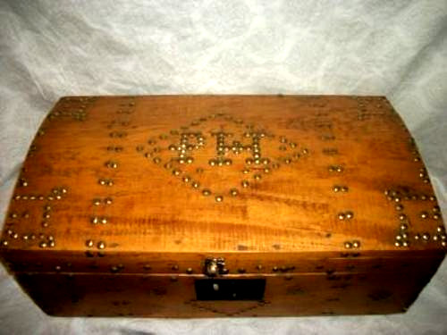 ANTIQUE FRENCH PINE DOME TOP TRUNK PRIMITIVE BRASS TACKS INITIALS WALLPAPER IRON
