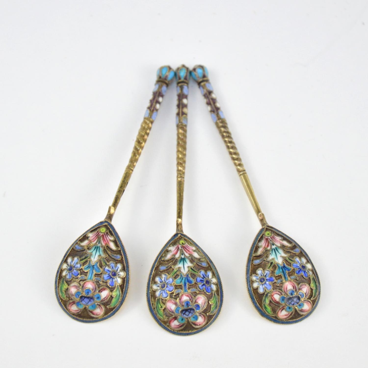 Antique Set of Imperial Russian 3 Spoons Gilt Silver 84 Enamel N. Zverev 19th C