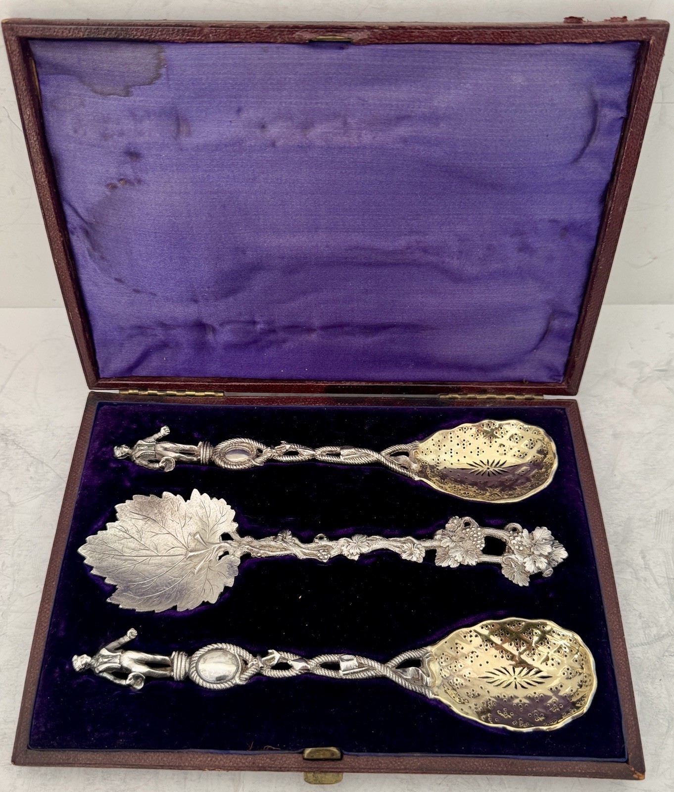 ENGLISH ORIGINAL BOXED STERLING SAILOR NAUTICAL 3 PC FRUIT SET 1842 & 1864 GA