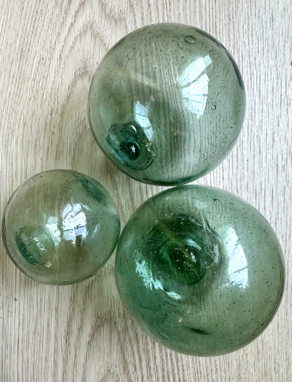 Japanese Fishing Float Round Hand Blown Sea Green Glass Vintage Buoy Lot of 3