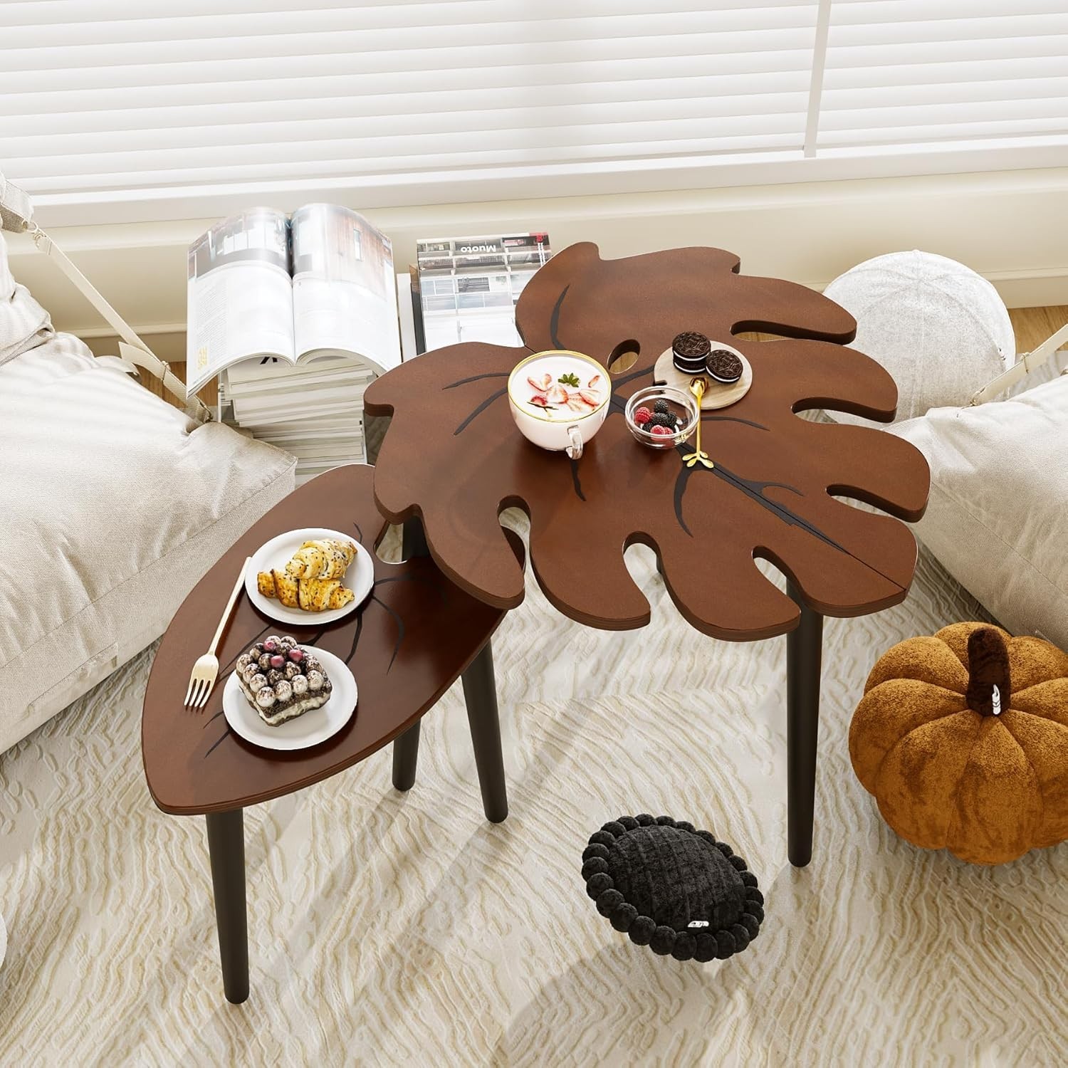 Compact Modern Nesting Tables with Monstera Leaf Design – Perfect for Any Room