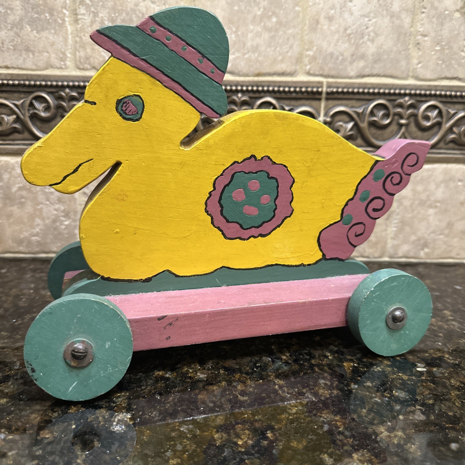 VINTAGE HANDMADE HAND PAINTED PRIMITIVE FOLK ART CHILD’S WHEELED DUCK PUSH TOY