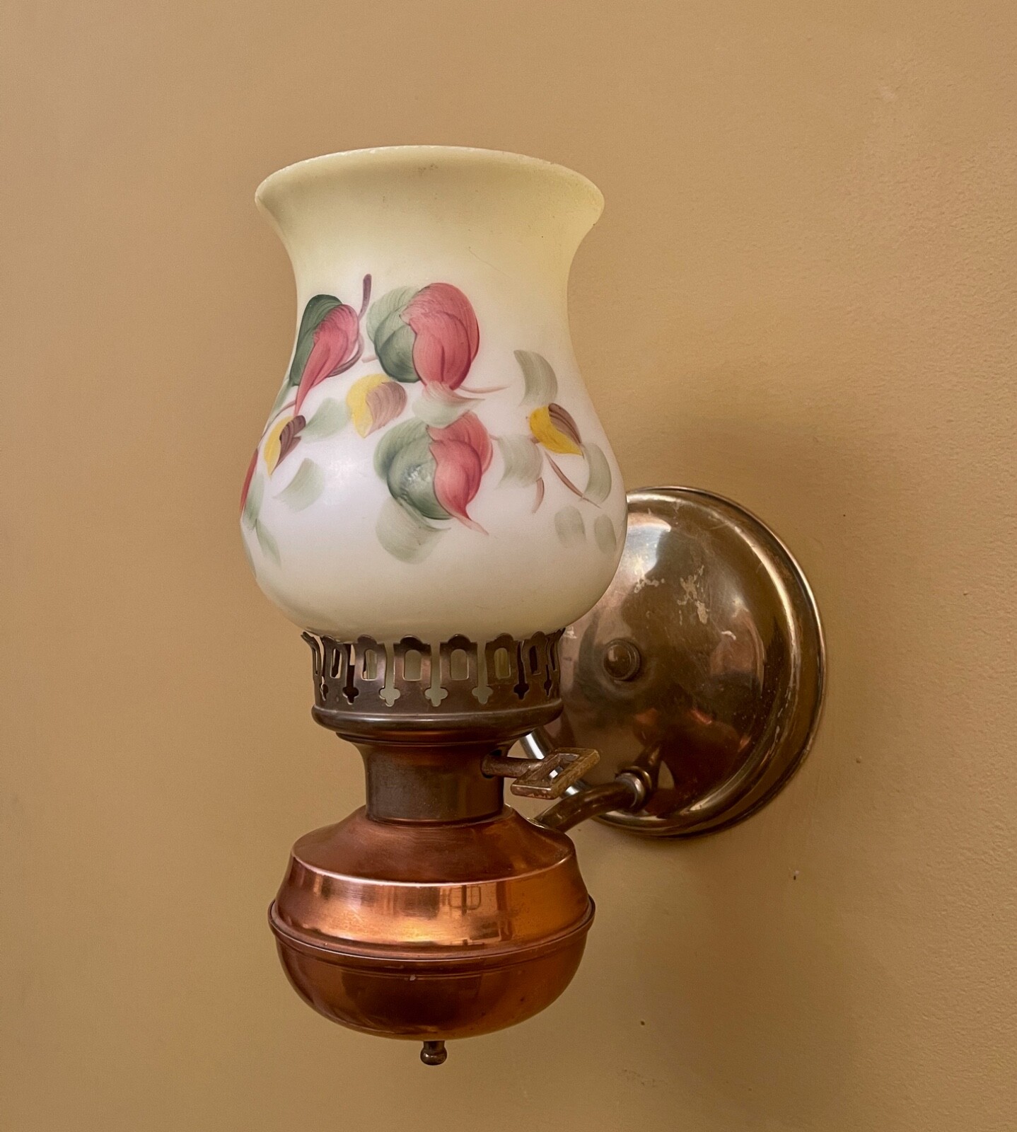 Vintage Lighting PAIR 1950s copper and brass sconces. Floral shades!