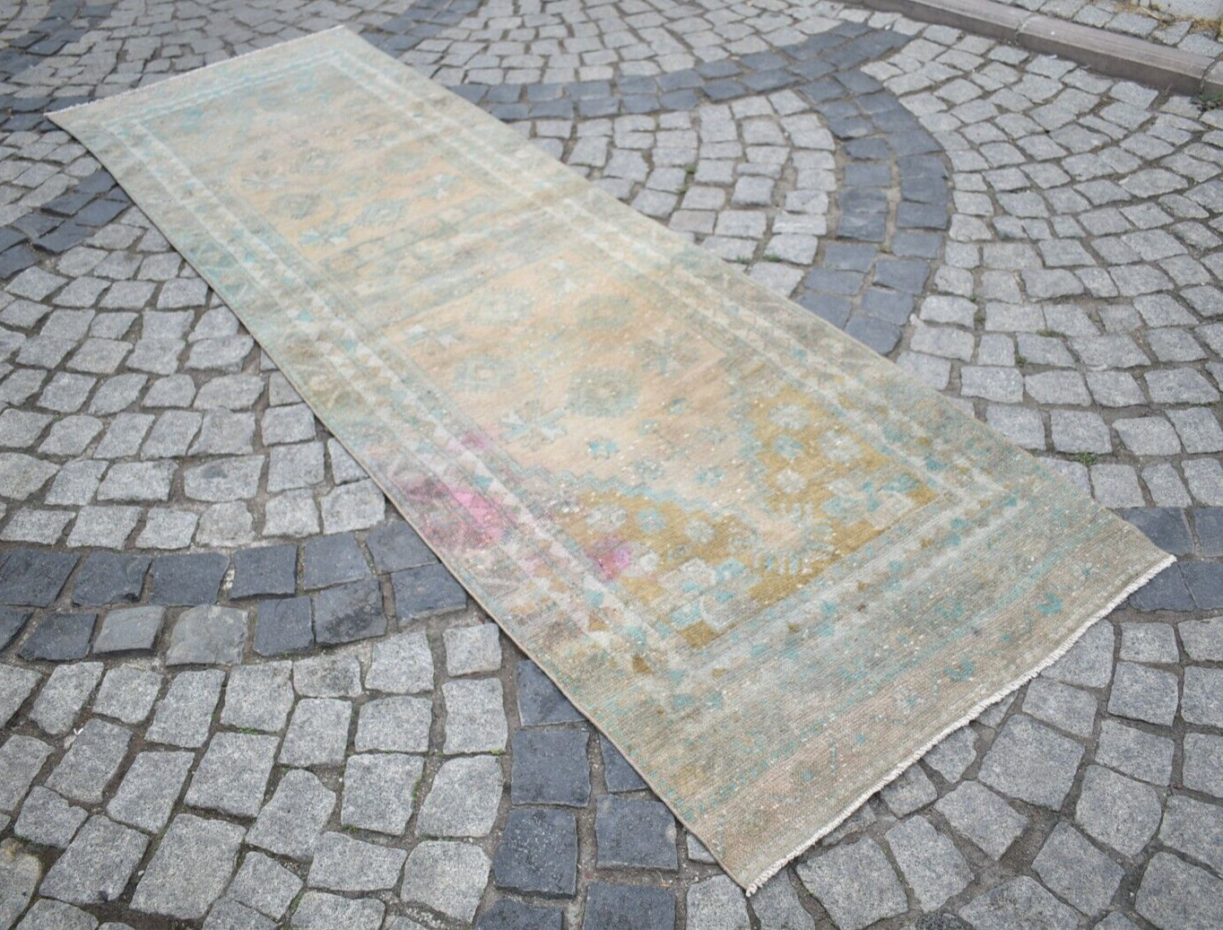 Vintage Turkish Rug 34” x 113” Muted Dye Oushak Rug Hand-knotted Runner Rug