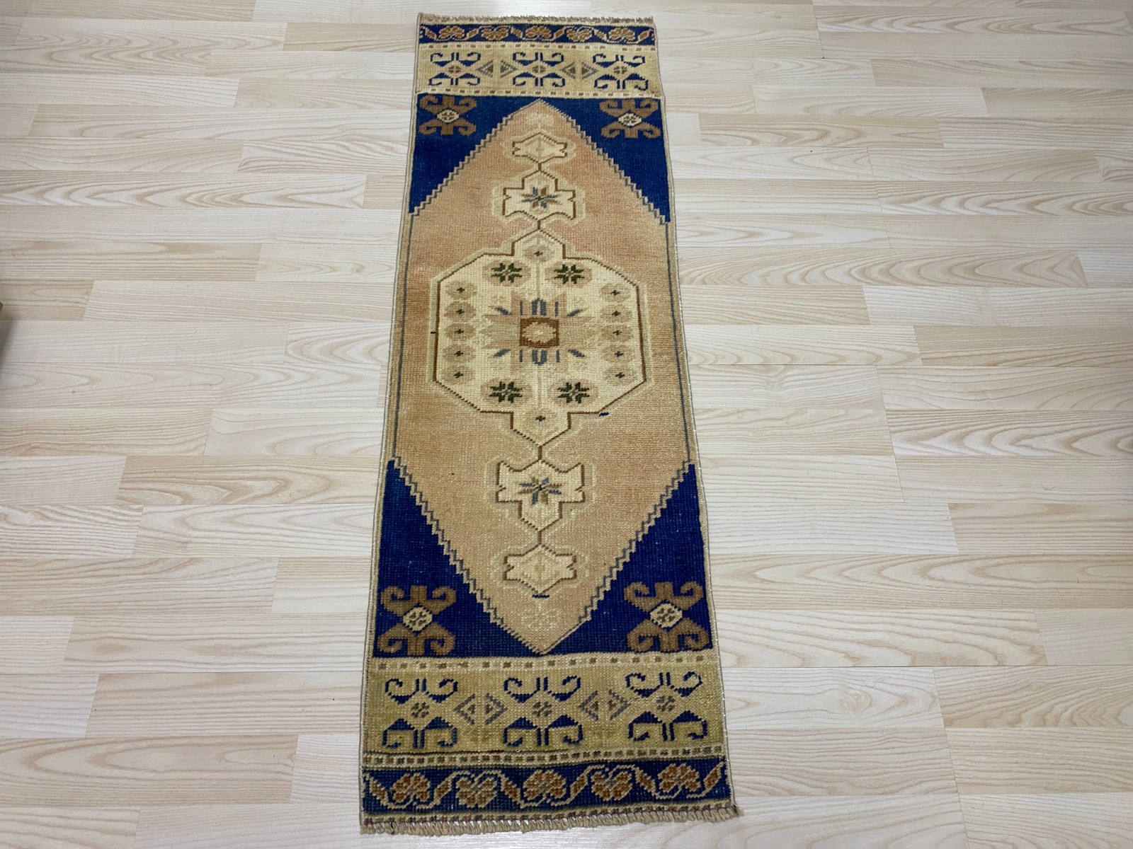Vintage Turkish Small Rug 1.3×3.9 Ft Handmade Wool Blue Beige Hallway Carpet